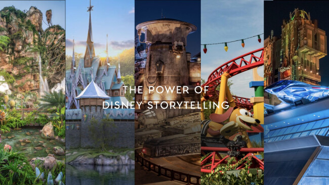 Disney theme park attractions with the text “The Power of Disney Storytelling” overlaid.