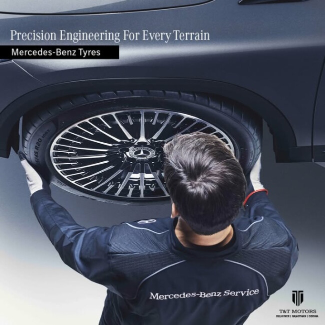 Mercedes-Benz technician installing a high-performance tire