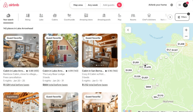 Airbnb search page