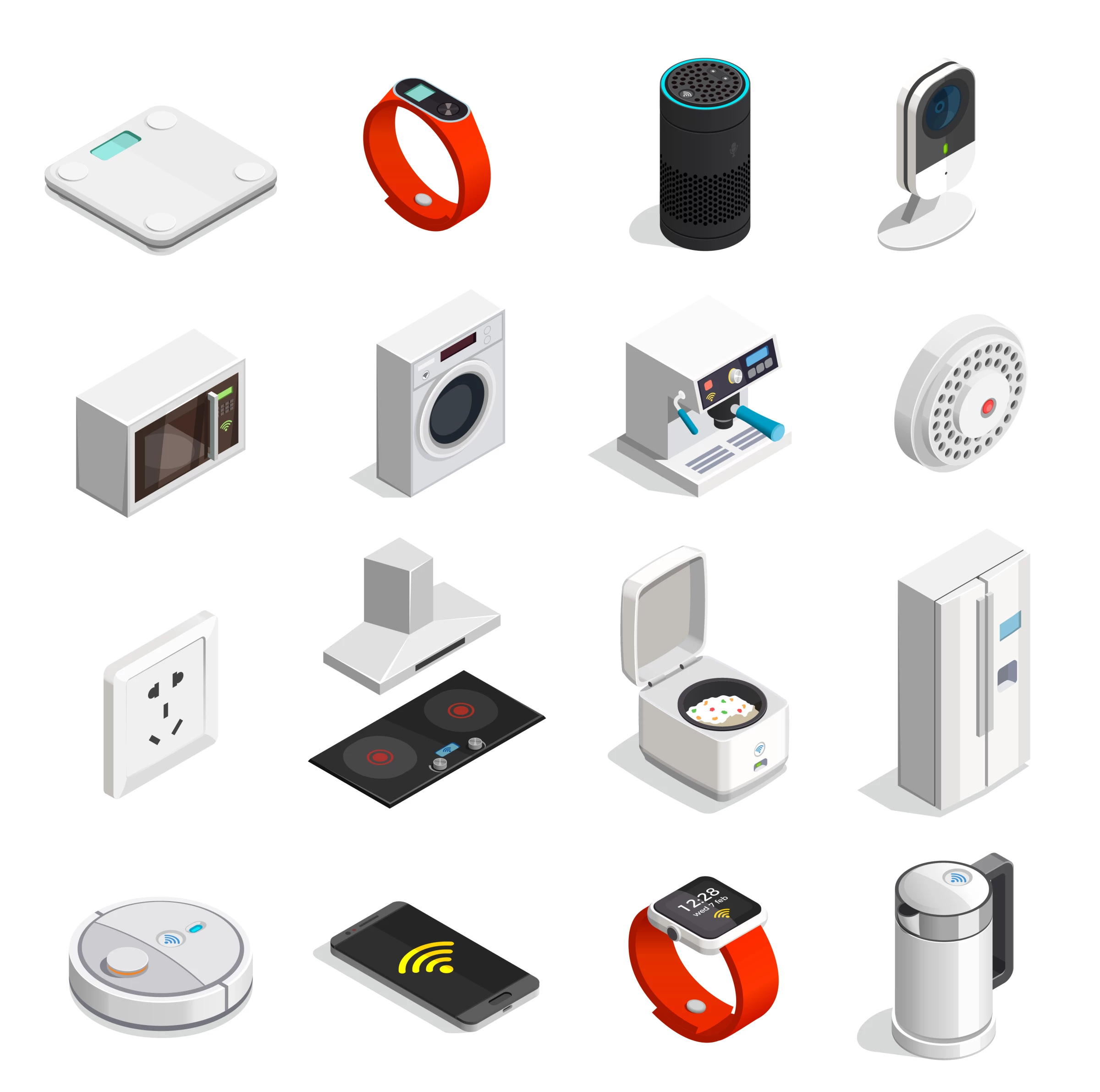 Isometric icons of smart home appliances and wearable consumer electronics.