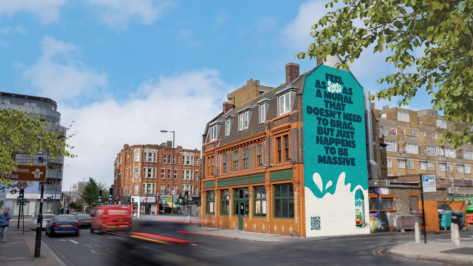 A mockup of the SMUG Dairy mural at a building in Peckham in South London