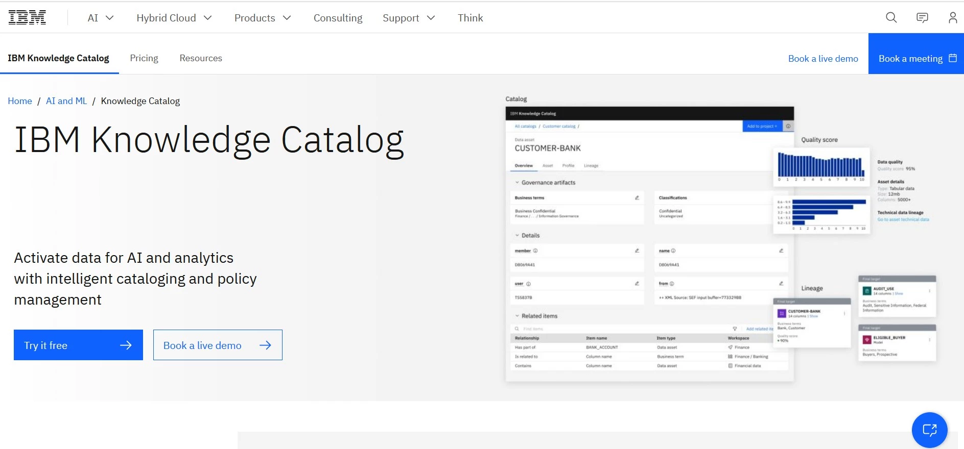 Screenshot of IBM Watson Knowledge Catalog's AI-driven governance interface.