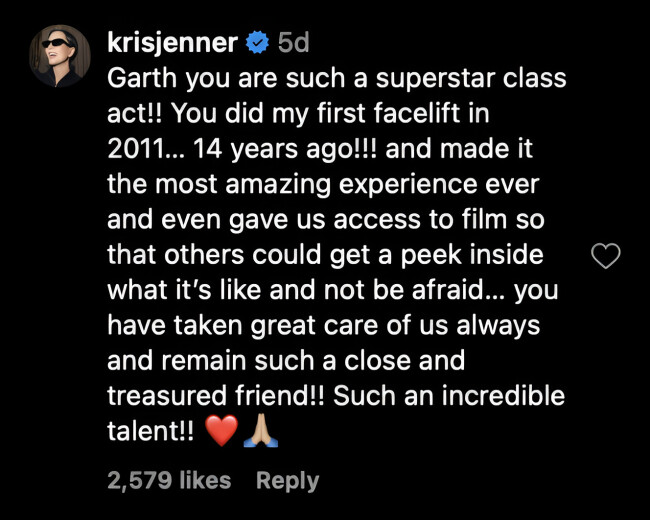 Kris Jenner's Reply to Dr. Garth Fisher's Post Kris Jenner's reply to Dr. Garth Fisher's Instagram post about patient confidentiality