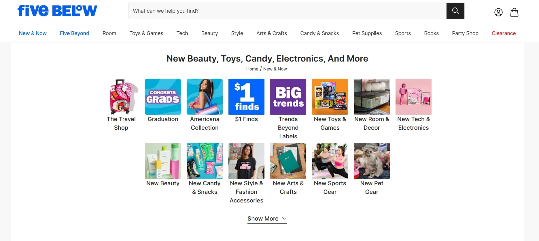 Search page on Five Below.