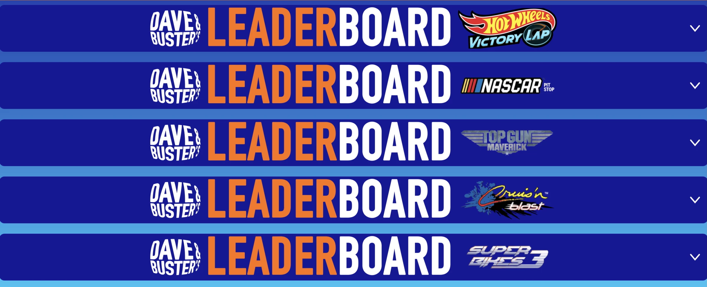 A screenshot of the Dave & Buster's leaderboard on its website