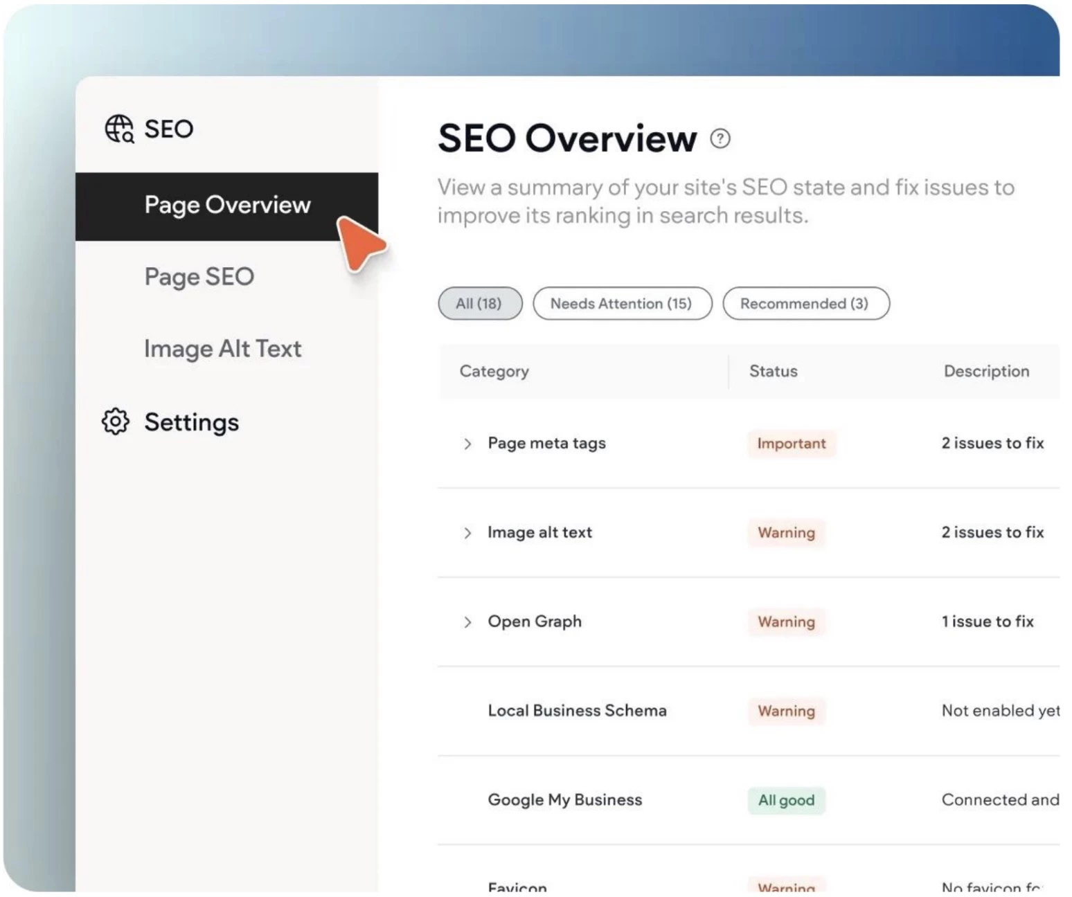 SEO Overview Screenshot of SEO overview