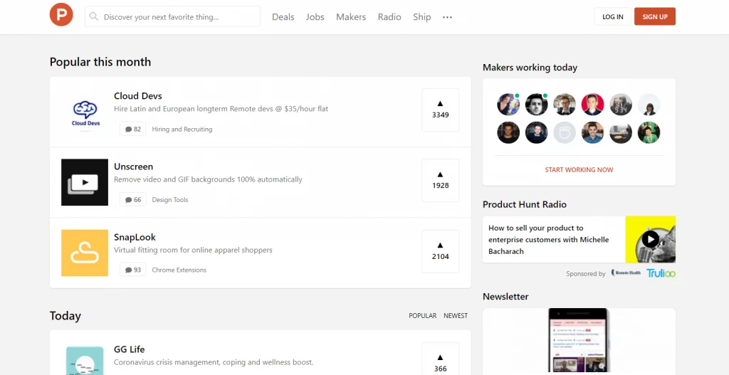 ProductHunt home page screenshot ProductHunt home page screenshot