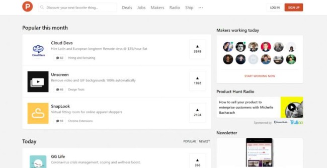 ProductHunt home page screenshot