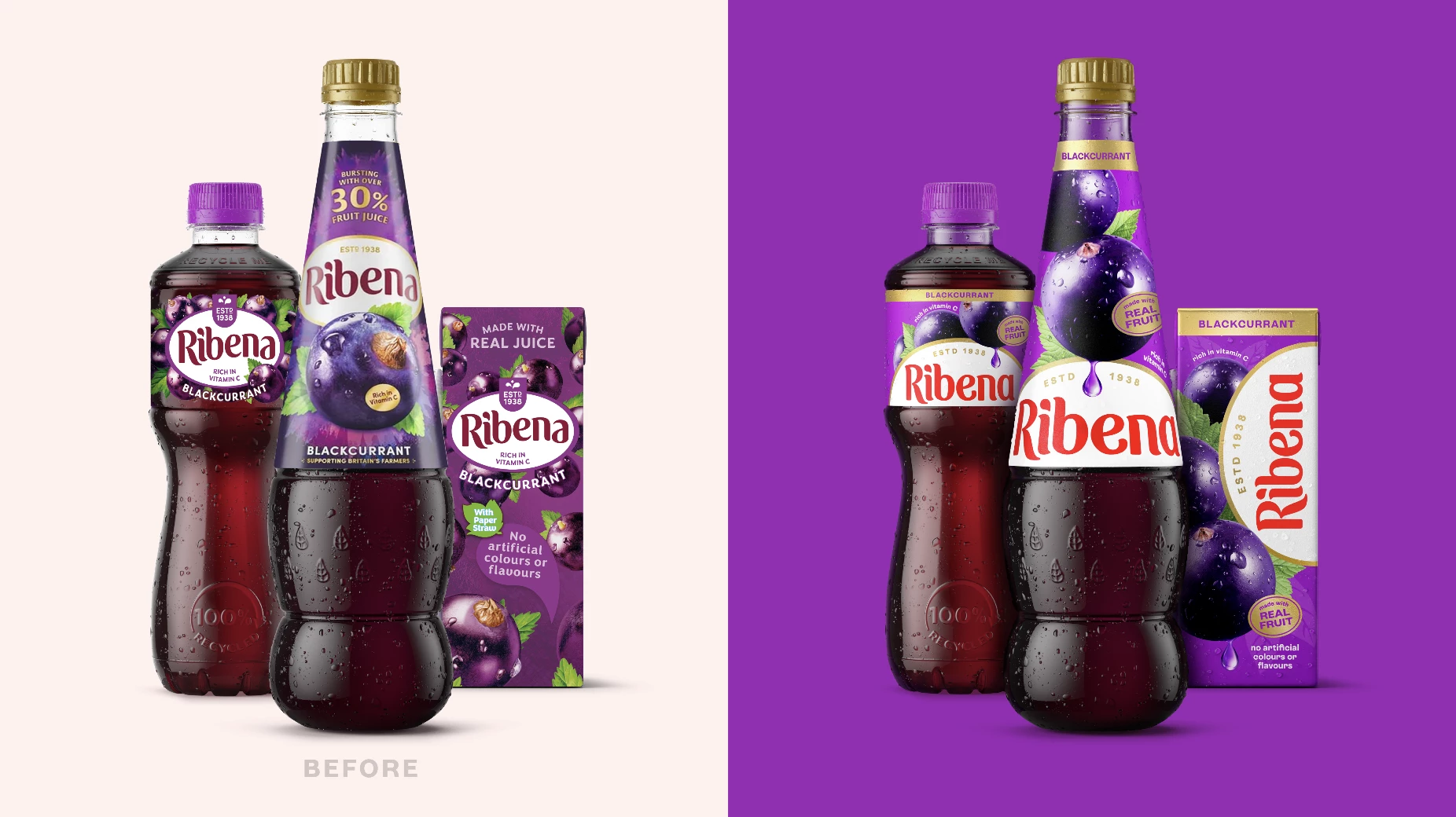 The old and new Ribena packaging | Source: Ribena