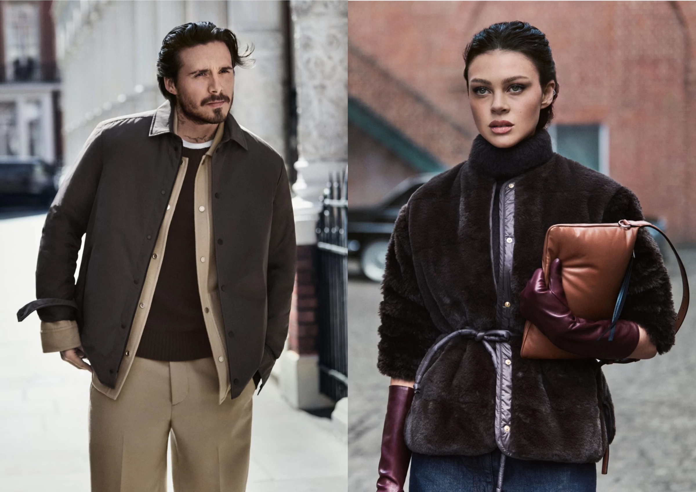 Brooklyn and Nicola Peltz Beckham pose for Moncler's Pre-Fall 2025 collection.