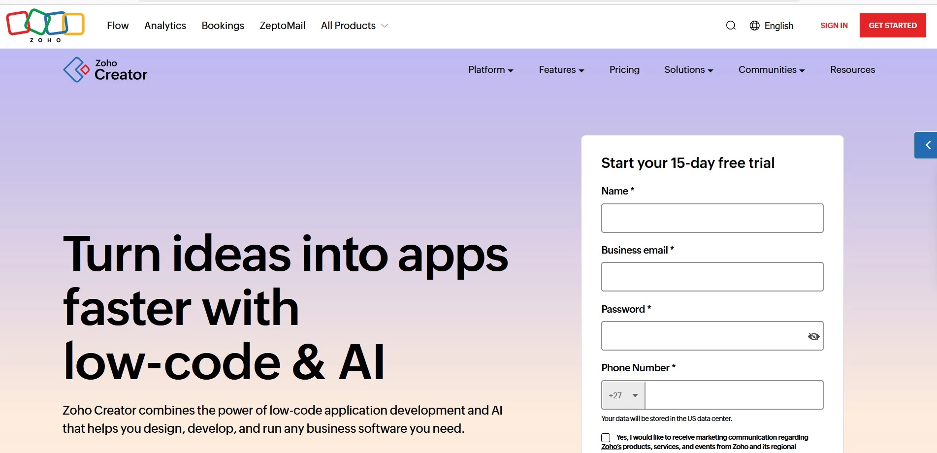 Zoho Creator homepage.