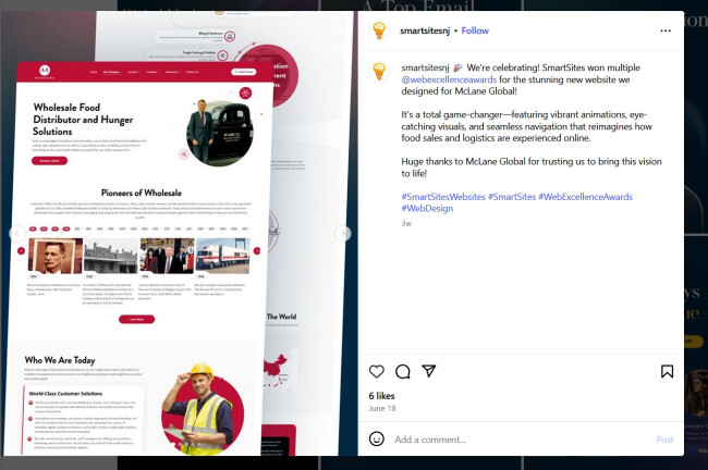 SmartSites Instagram page showing award-nominated web design. 