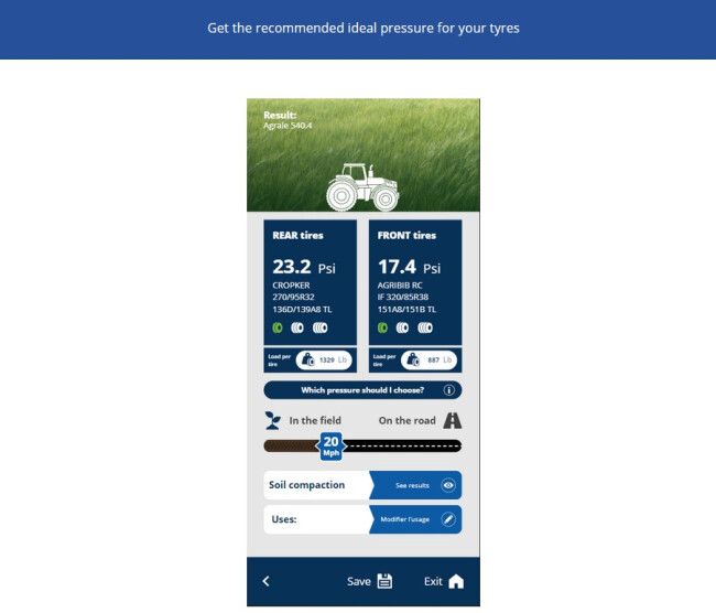 Michelin's tractor tire pressure calculation tool.
