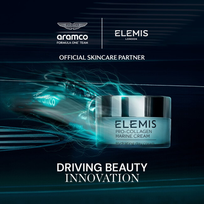 Elemis and Aston Martin Aramco ad creative.