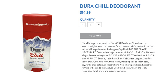 The new Dura Chill deodorant, now sold out online | Source: Coors Light The new Dura Chill deodorant, now sold out online | Source: Coors Light