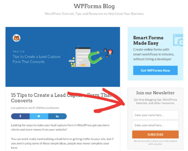 Blog with sidebar form example.