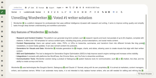 wordwriter dashboard