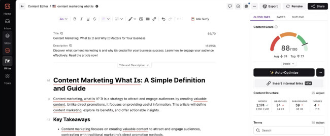 SurferSEO content optimization dashboard.