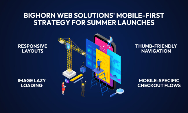 bighorn web solutions Mobile-First Strategy for Summer Launches Illustration of Bighorn Web Solutions' mobile-first strategy for summer launches. The central image features a smartphone under construction with charts and interface elements being built by workers and a crane. Around it are four strategy highlights: "Responsive Layouts," "Image Lazy Loading," "Thumb-Friendly Navigation," and "Mobile-Specific Checkout Flows."