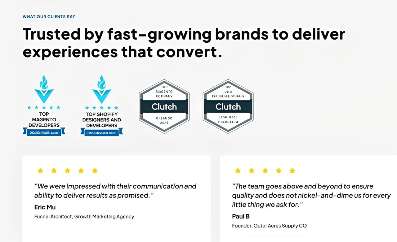 Awards and client testimonials highlighting trust in Bighorn Web Solutions, including DesignRush and Clutch accolades.