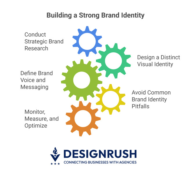 Infographic of five gears showing steps to build your brand identity