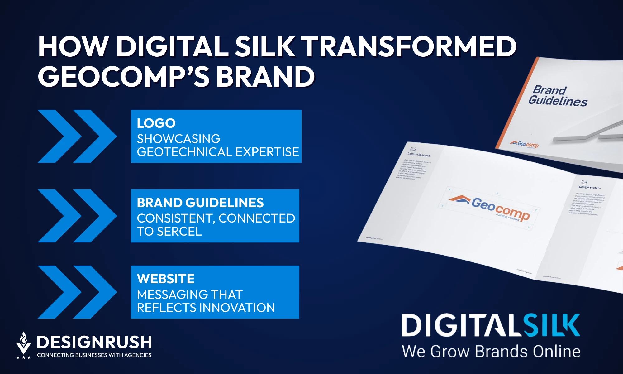 Slide titled 'How Digital Silk Transformed Geocomp’s Brand.' On the left, three points list the changes: new logo showcasing geotechnical expertise, brand guidelines consistent with parent company Sercel, and a website with messaging that reflects innovation. On the right, an open brand guidelines booklet displays the Geocomp logo.