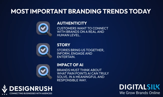 Infographic highlighting three key branding trends: authenticity, story, and the impact of AI, with insights from DesignRush and Digital Silk