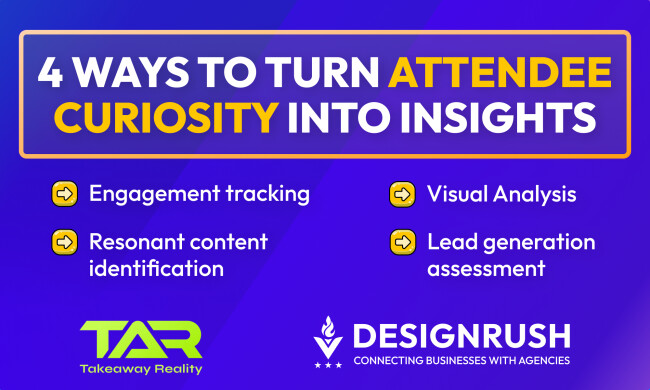 4 Ways to Turn Attendee Curiosity into Insights Four listed points: Engagement tracking, Resonant content identification, Visual analysis, and Lead generation assessment. Logos for TAR Takeaway Reality and DesignRush appear at the bottom with the tagline ‘Connecting Businesses with Agencies.’