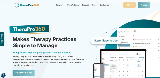 TheraPro360 website banner highlighting software for managing therapy practices, with features like scheduling, billing, patient portals, and telehealth integration.