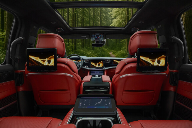 The red and black interior of the 2026 Jeep Grand Wagoneer