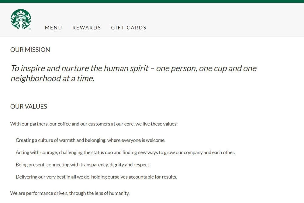 Starbucks mission statement Starbucks' corporate branding that establishes their core corporate values