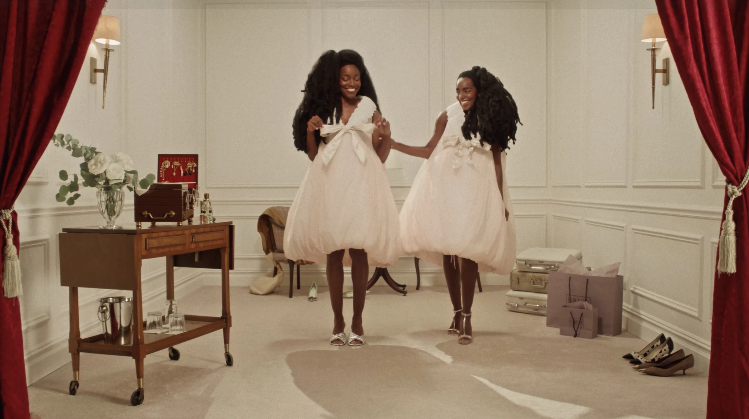 TK and Cipriana Quann wearing Marc Jacobs, Bottega Veneta, and Gucci in 'The Bergdorf Soirée'