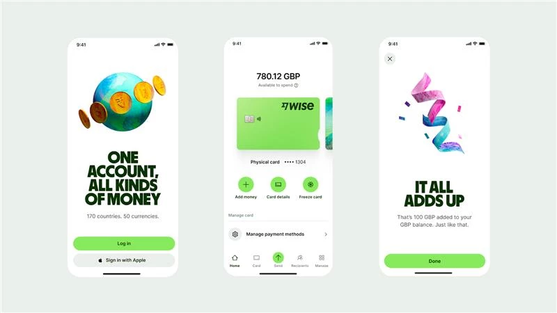 Screenshots of Wise's mobile app layout