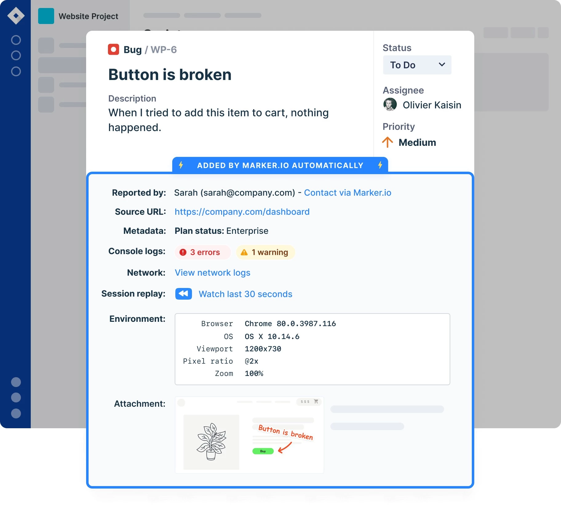 Marker.io Marker.io website feedback tool message.