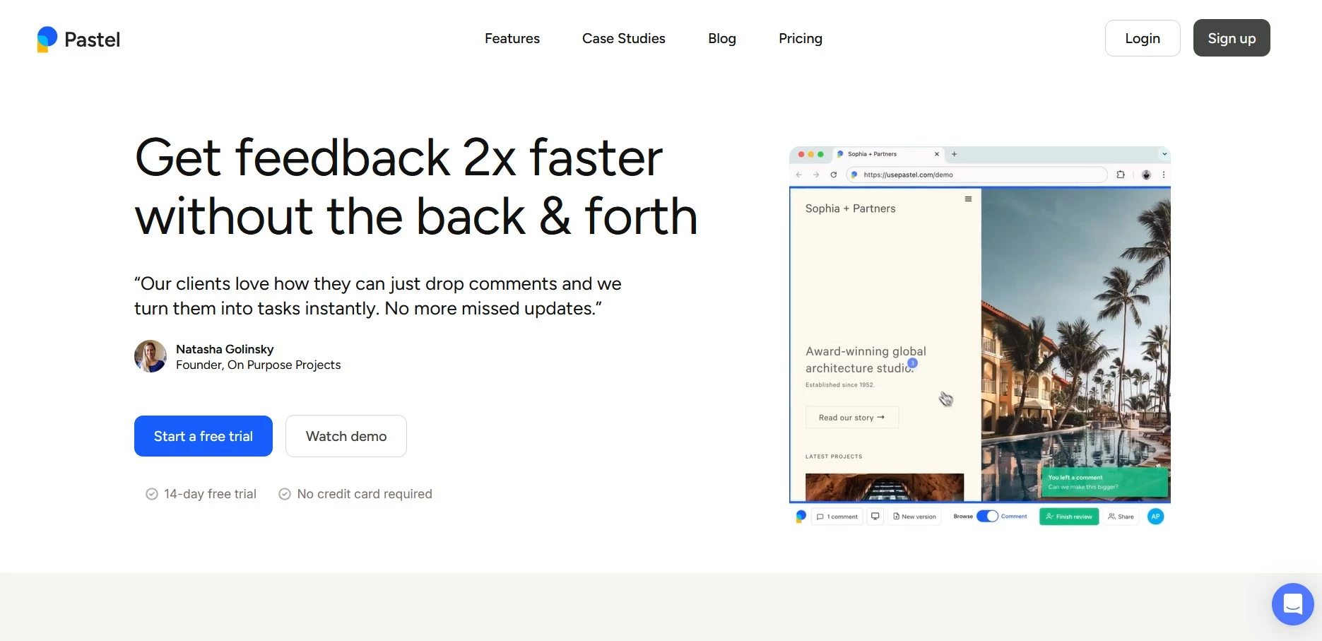 Pastel Pastel website feedback tool homepage screenshot.