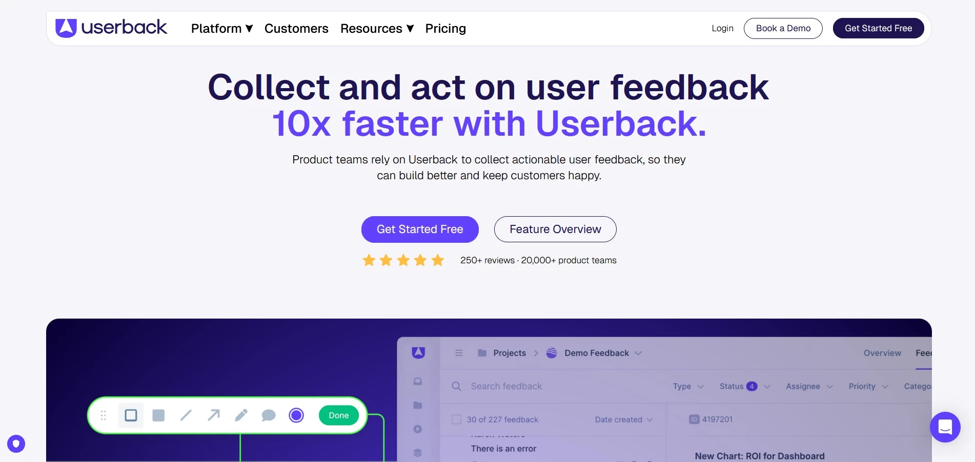 Userback Userback feedback tool homepage.