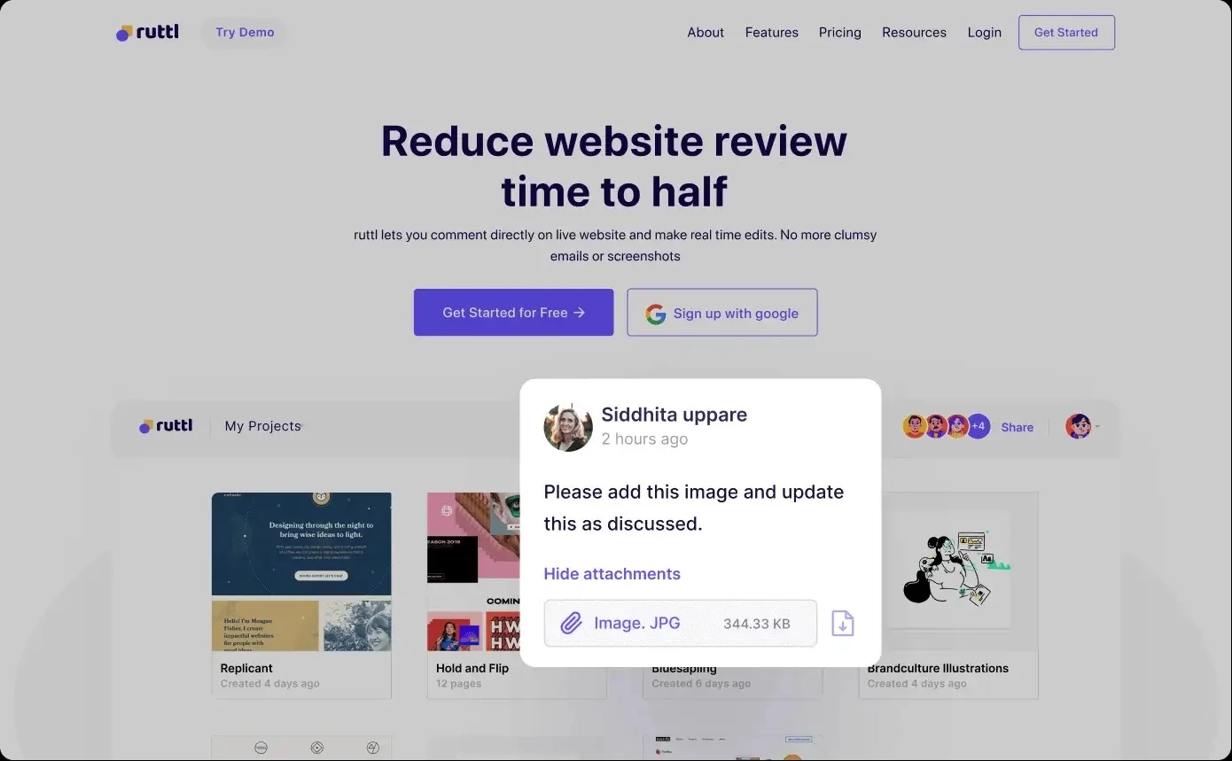Ruttl Ruttl website feedback tool UI screenshot.