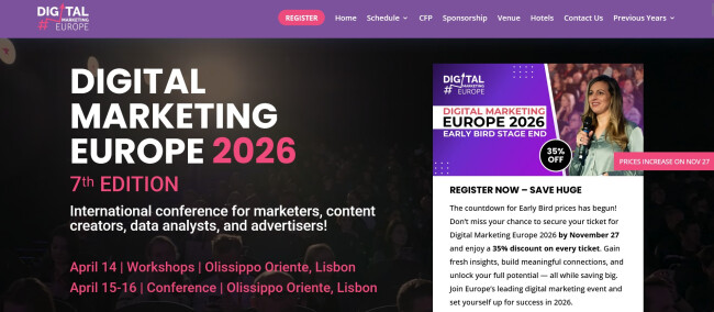 Digital Marketing Europe 2026 homepage. 