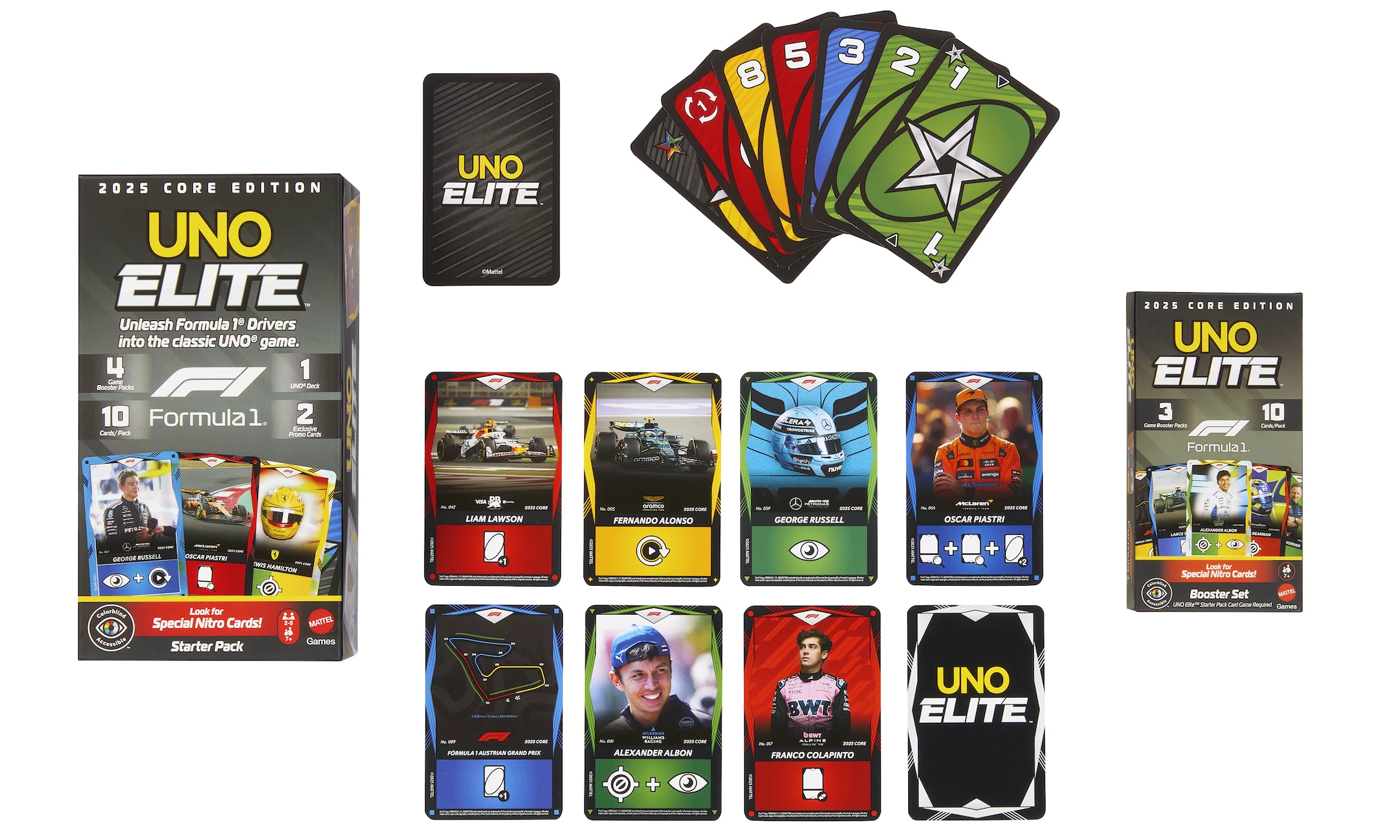 Cards from the UNO Elite F1 2025 Core Edition Starter Pack