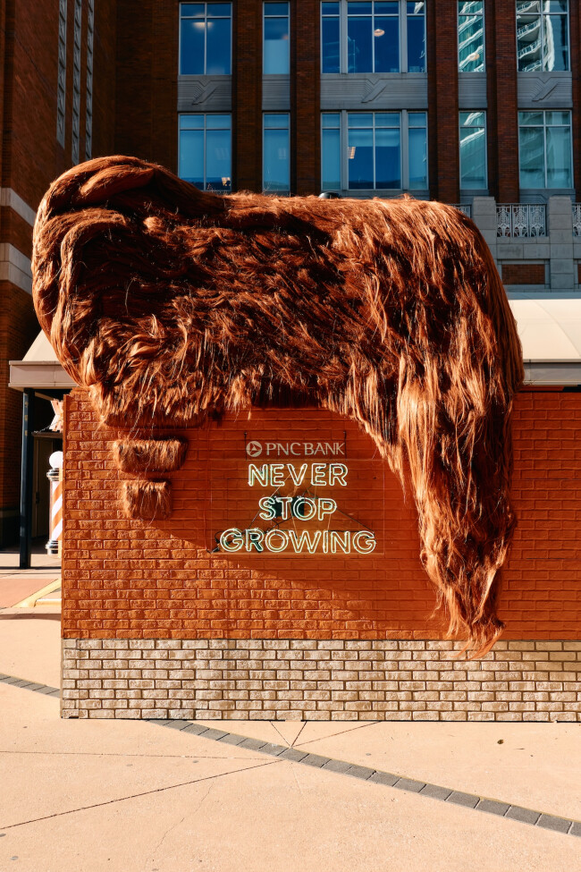 "Hockey hair" on PNC Bank's "Mane St. Branch" installation