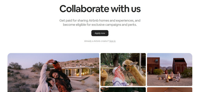Airbnb's collaboration program landing page.