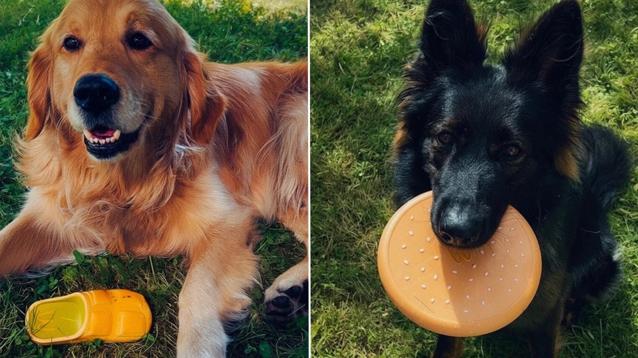 Two dogs of different breeds with Happy Doggy toys
