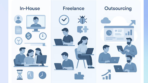 Comparison of in-house, freelance, and outsourcing work models with illustrated teams and workflows.