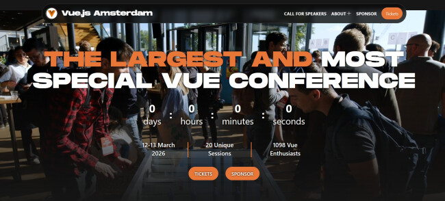 Vue.js Amsterdam 2026 event homepage.