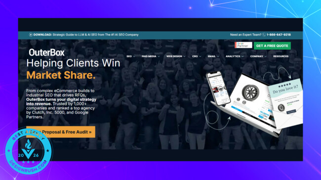 OuterBox homepage highlighting digital strategy and market share with product display mockups.