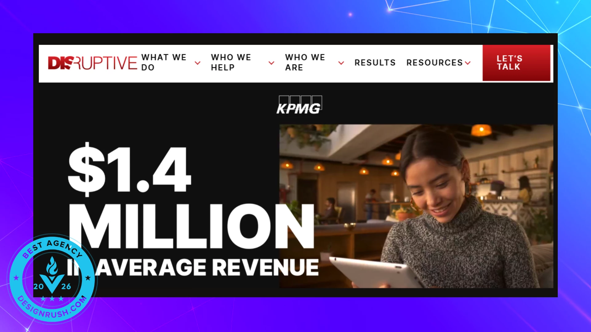 Disruptive Advertising Website with Revenue Highlight Disruptive Advertising site showing "$1.4 million average revenue" with navigation and client image.