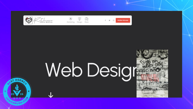 Homepage of Rathcore Digital Marketing featuring minimalist design and bold "Web Design" text.