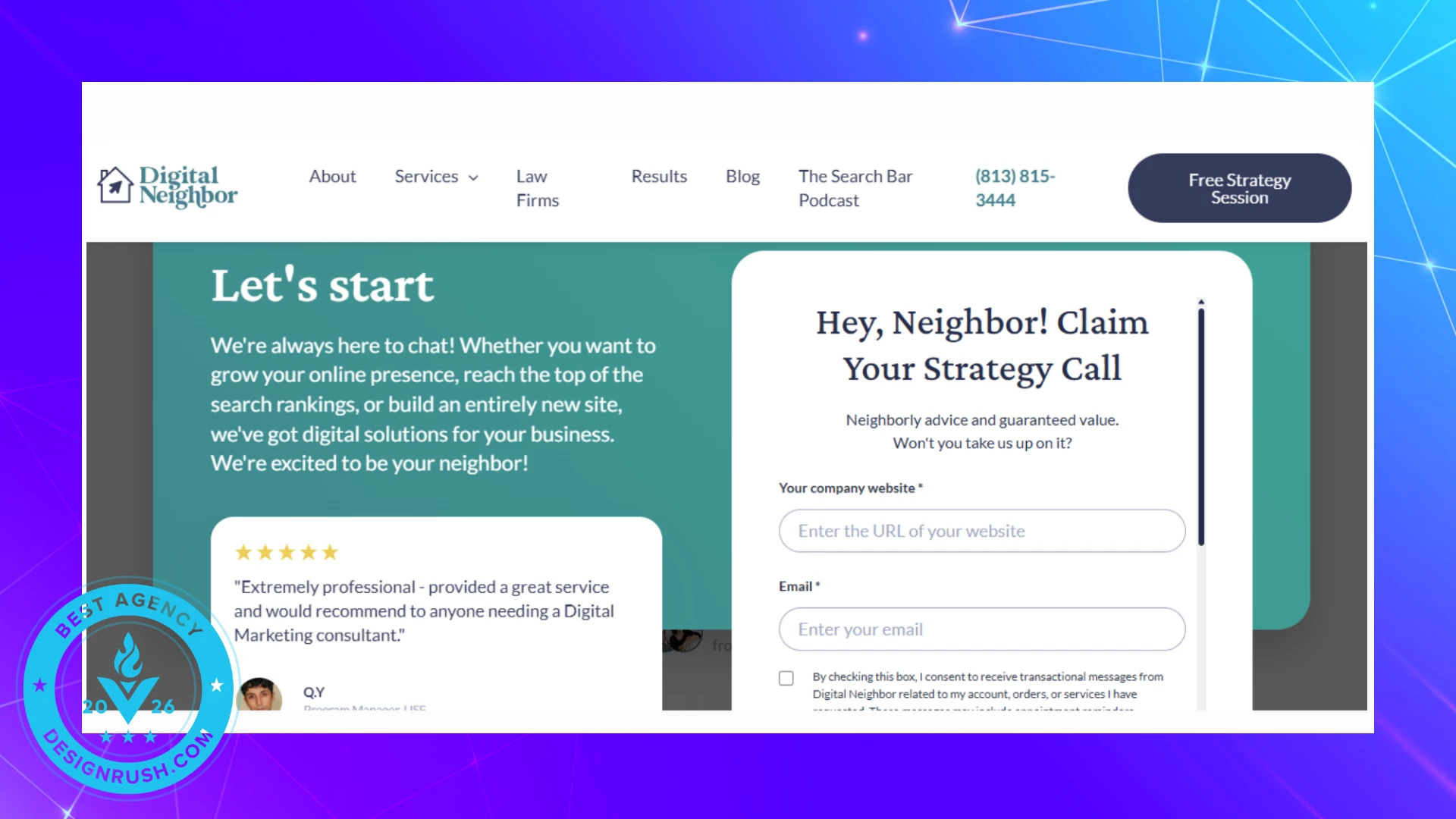 Digital Neighbor Website Strategy Call Promo Digital Neighbor homepage inviting users to claim a free strategy session, with client testimonial and form.