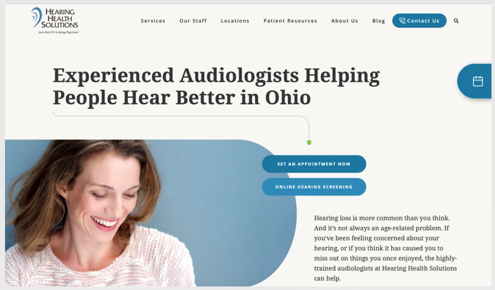Hearing Health Solutions Website Hero Section Homepage of Hearing Health Solutions highlighting audiology services in Ohio with smiling woman and CTA buttons.