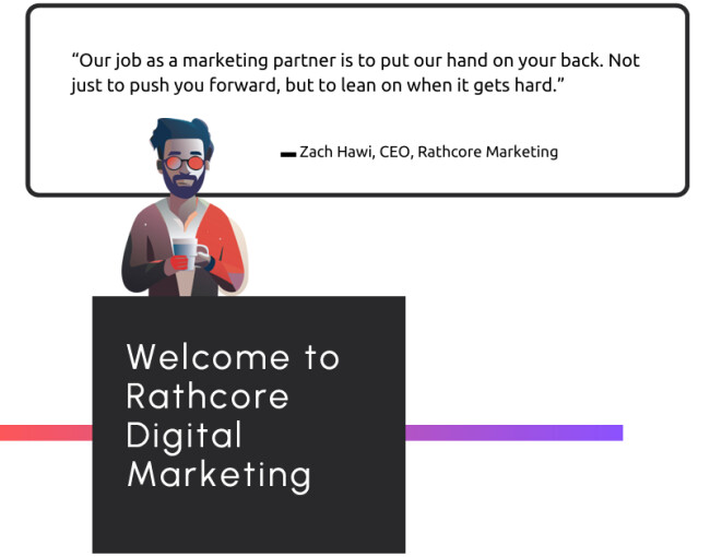 Illustrated welcome graphic from Rathcore Digital Marketing featuring a quote by CEO Zach Hawi about partnership support.